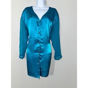 Victorias Secret Vintage Gold Label Teal Satin Button Down Lingerie Dress M/L
